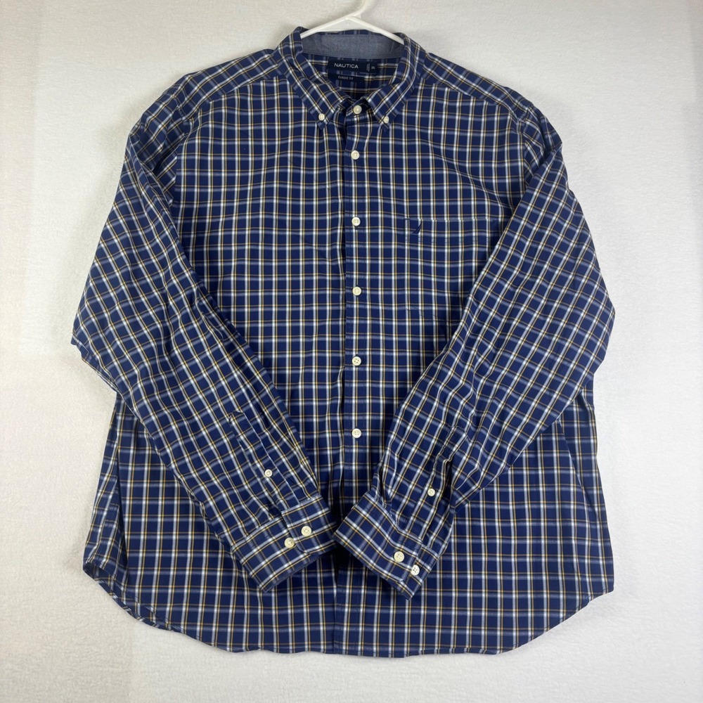 Nautica Mens XXL Classic Fit Plaid Button Down Shirt Navy Yellow W73250